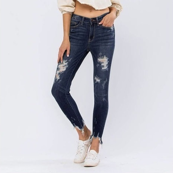 Judy Blue Womens Jeans 11 30 Stretch Chewed Hem Festival Boho Distressed Skinny - Picture 12 of 16